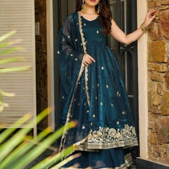 Teal Blue Silk Blend Anarkali Suit Set with Zari Embroidery and Dupatta