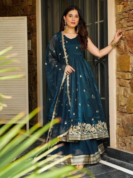 Teal Blue Silk Blend Anarkali Suit Set with Zari Embroidery and Dupatta