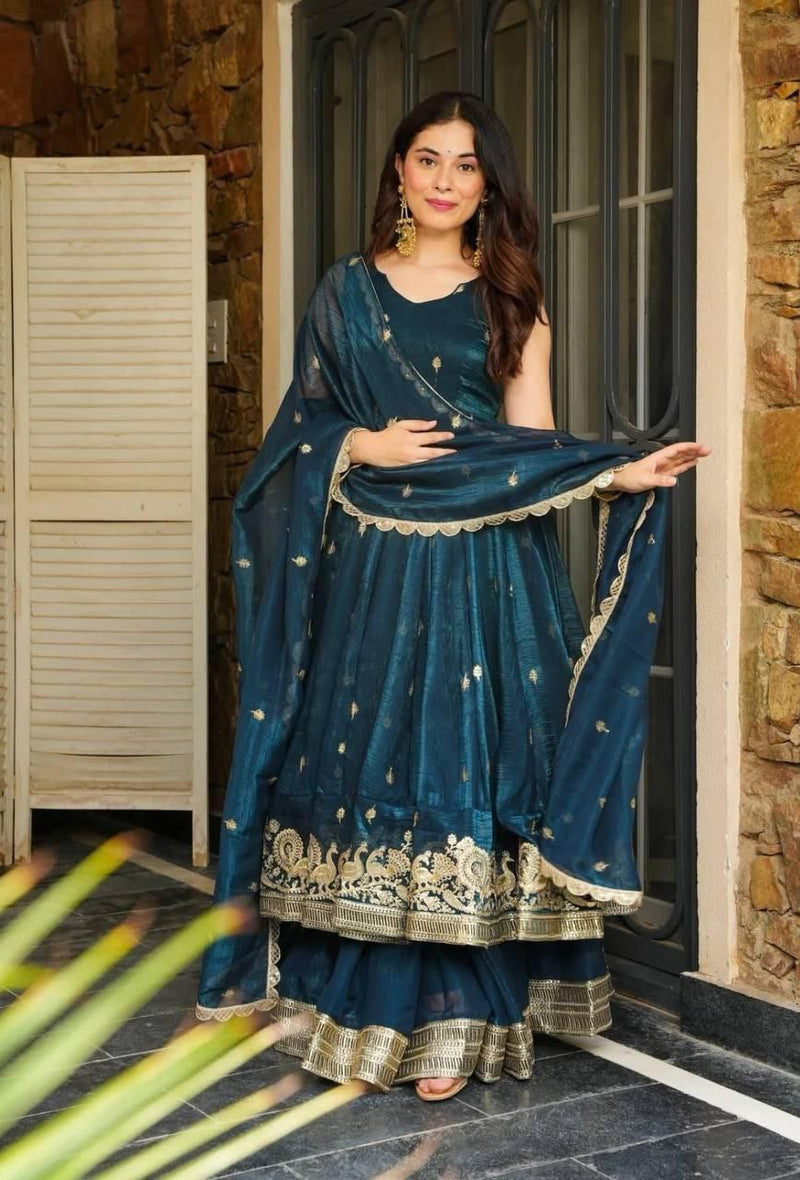 Teal Blue Silk Blend Anarkali Suit Set with Zari Embroidery and Dupatta