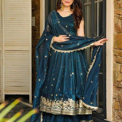 Teal Blue Silk Blend Anarkali Suit Set with Zari Embroidery and Dupatta