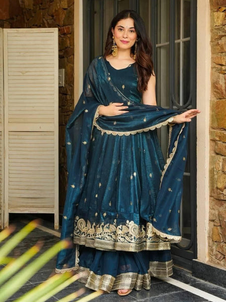 Teal Blue Silk Blend Anarkali Suit Set with Zari Embroidery and Dupatta