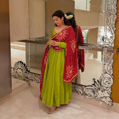 Mehendi Green Anarkali Suit with Red Bandhani Dupatta