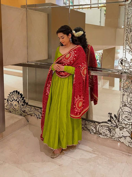 Mehendi Green Anarkali Suit with Red Bandhani Dupatta