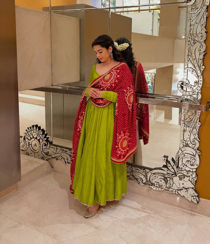 Mehendi Green Anarkali Suit with Red Bandhani Dupatta