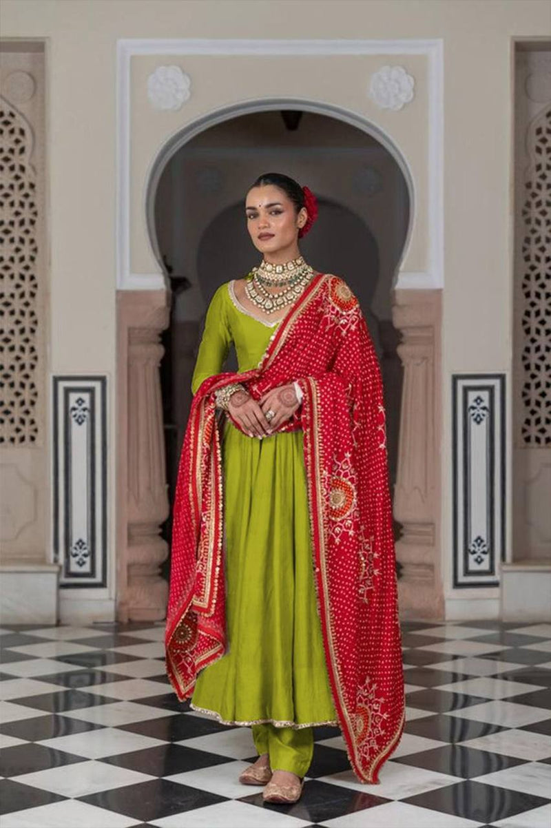 Mehendi Green Anarkali Suit with Red Bandhani Dupatta