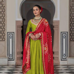 Mehendi Green Anarkali Suit with Red Bandhani Dupatta