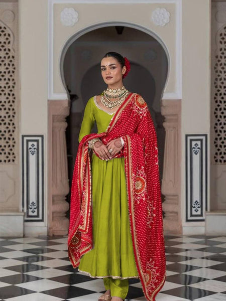 Mehendi Green Anarkali Suit with Red Bandhani Dupatta