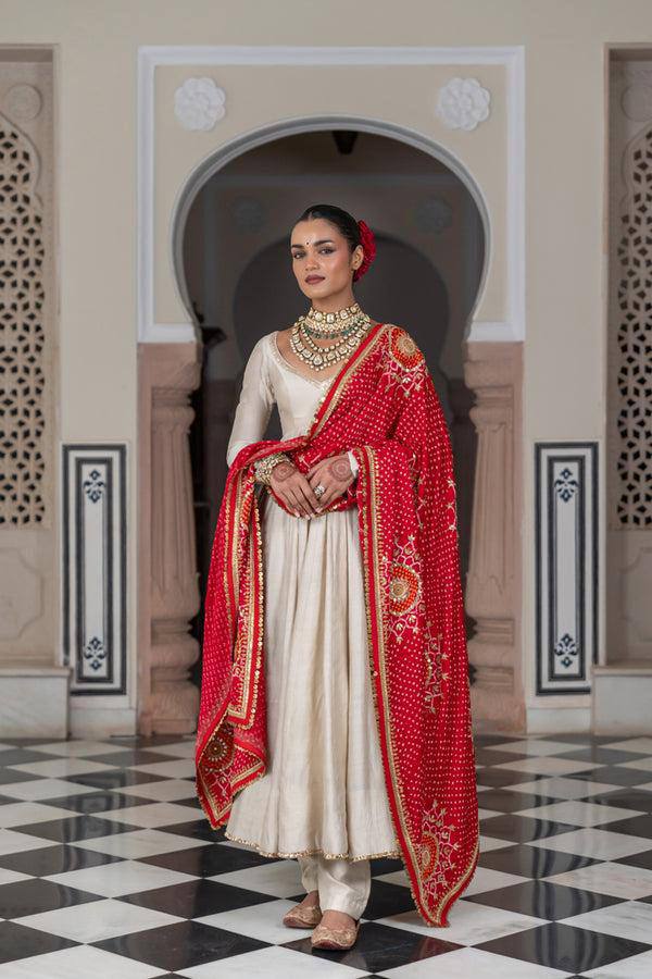 Ivory Anarkali Suit with Red Bandhani Dupatta