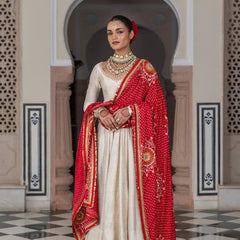 Ivory Anarkali Suit with Red Bandhani Dupatta