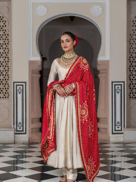 Ivory Anarkali Suit with Red Bandhani Dupatta