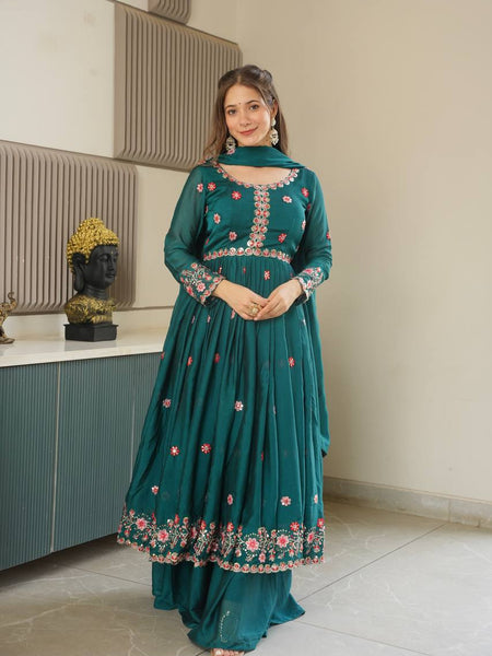 Sea Green Embroidered Organza Sharara Set