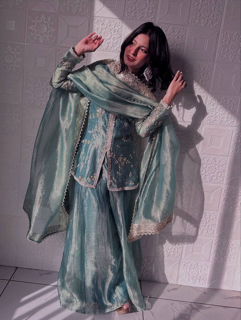 sea green organza sharara set