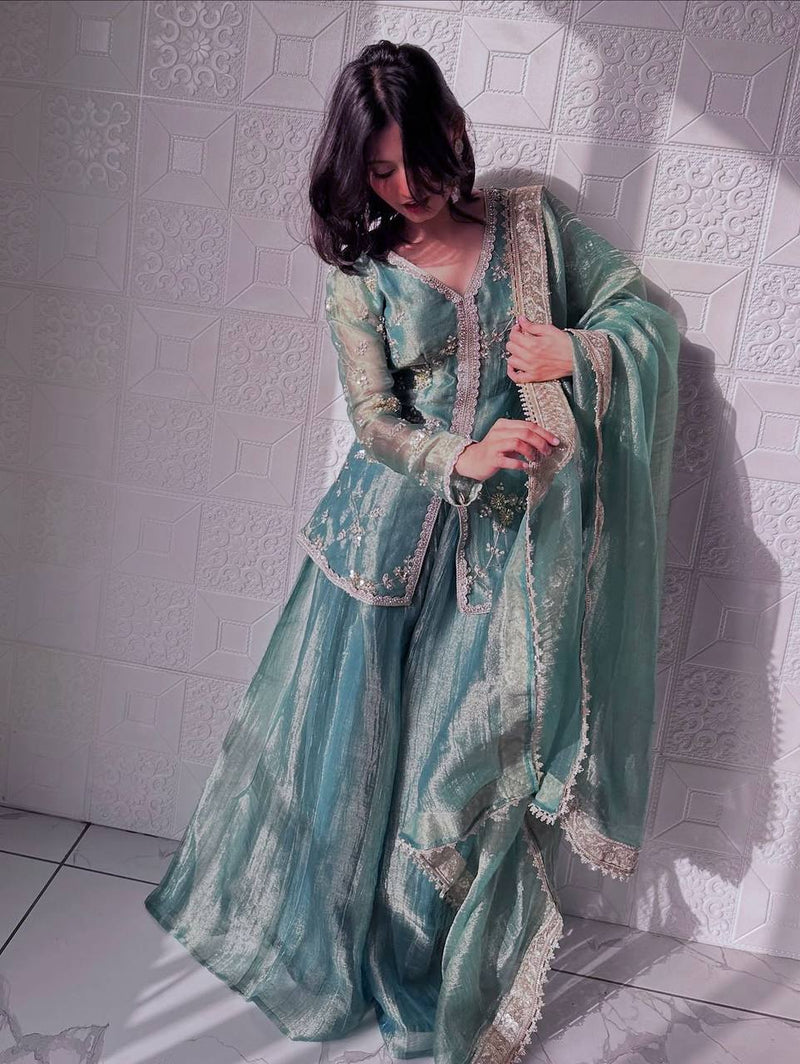 sea green organza sharara set