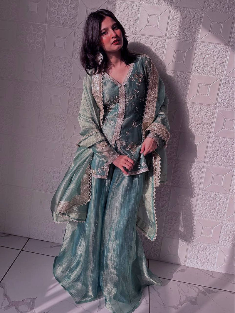 sea green organza sharara set