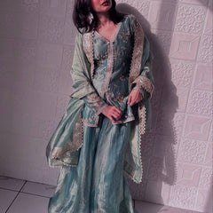 sea green organza sharara set