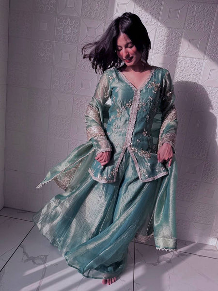 sea green organza sharara set