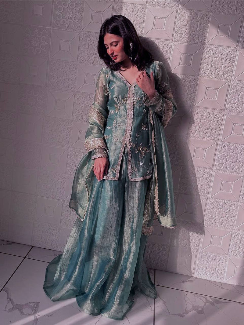 sea green organza sharara set