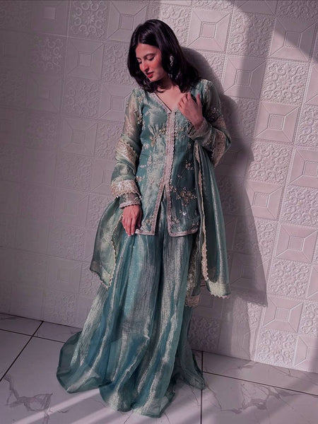 sea green organza sharara set