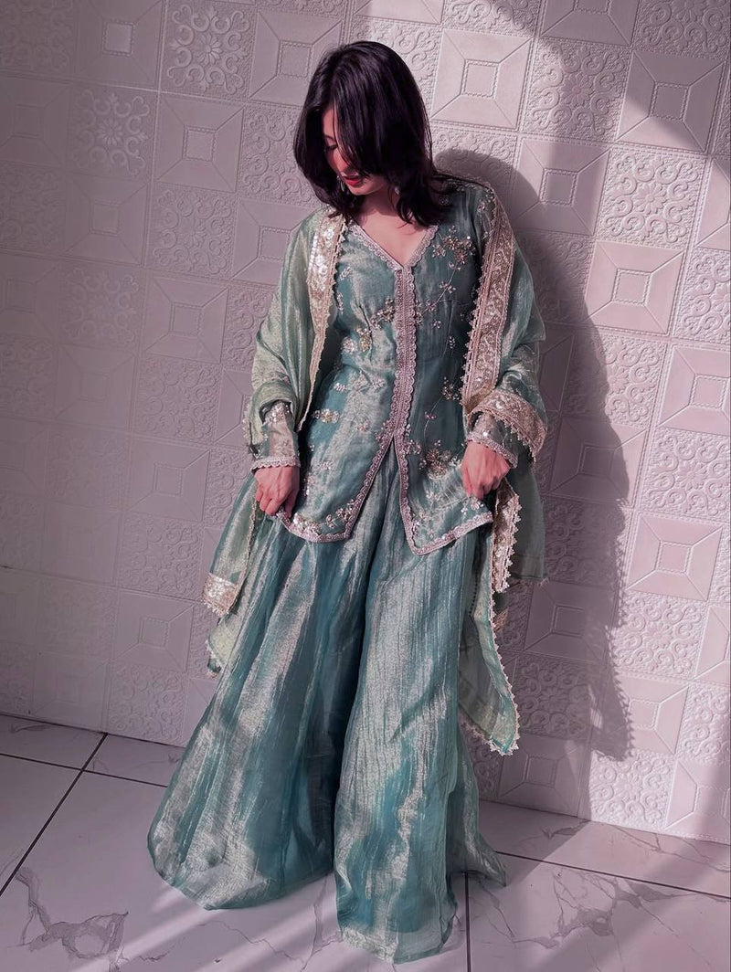 sea green organza sharara set