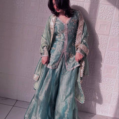 sea green organza sharara set