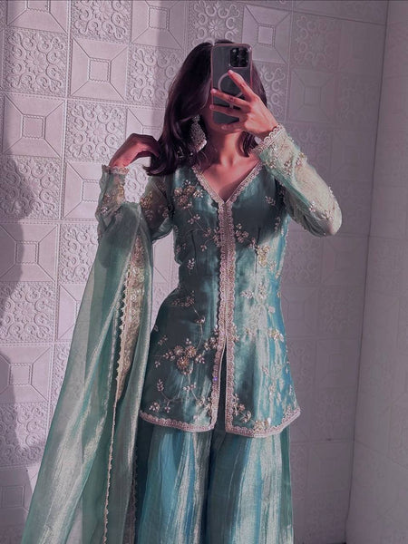 sea green organza sharara set