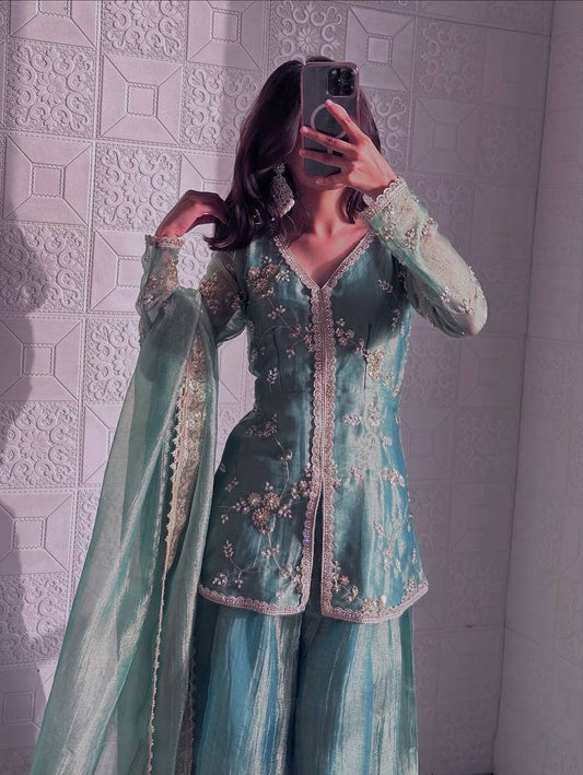 sea green organza sharara set