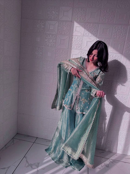 sea green organza sharara set