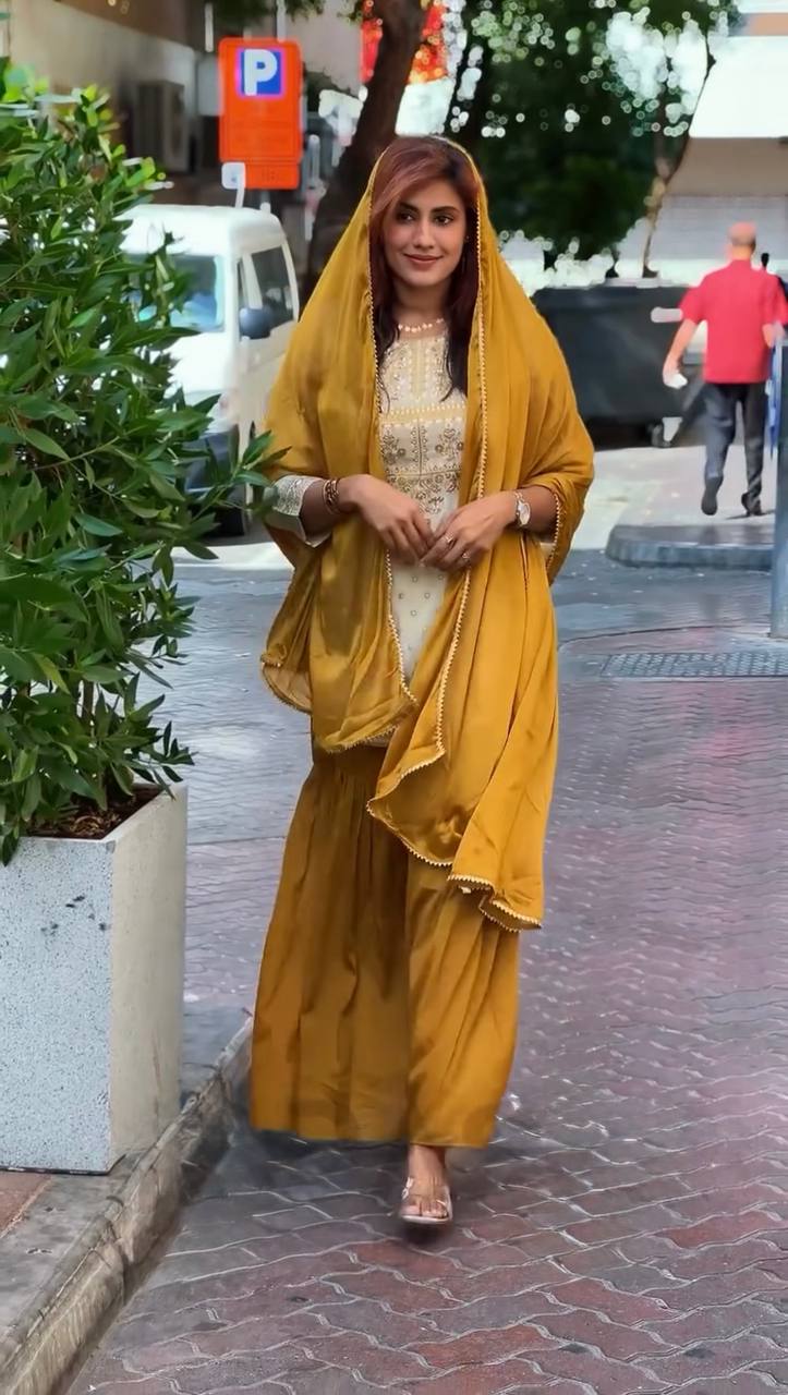 Mustard & Cream Embroidered Sharara Suit