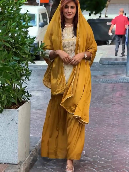 Mustard & Cream Embroidered Sharara Suit