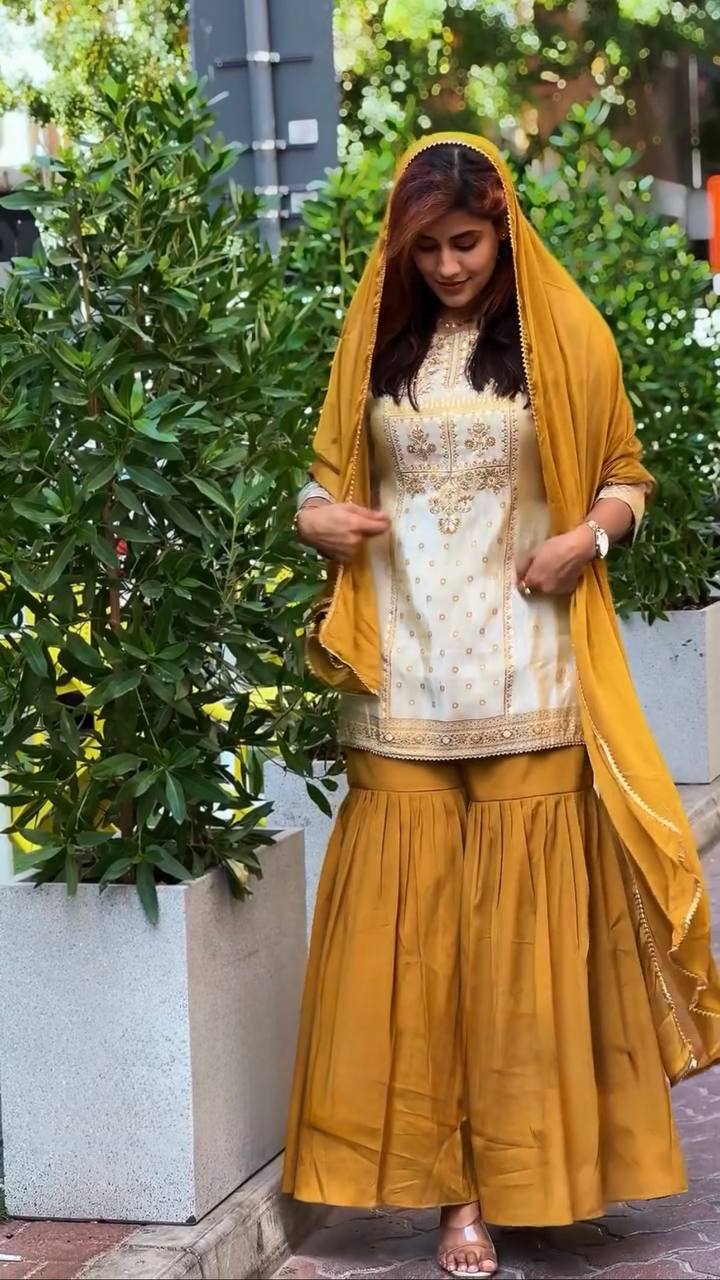 Mustard & Cream Embroidered Sharara Suit