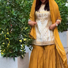 Mustard & Cream Embroidered Sharara Suit