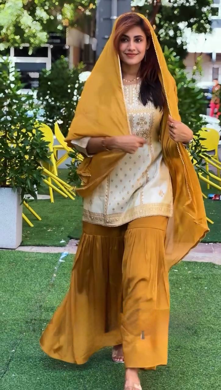 Mustard & Cream Embroidered Sharara Suit
