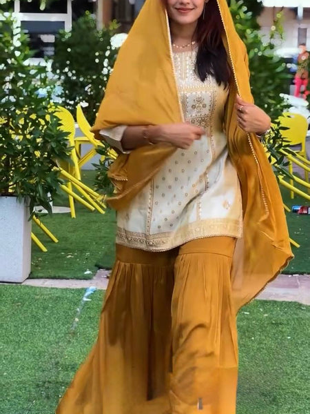 Mustard & Cream Embroidered Sharara Suit