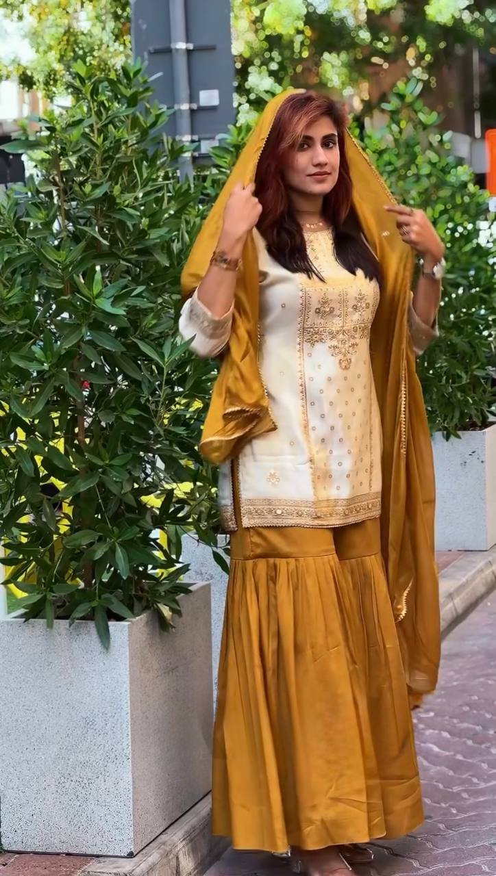 Mustard & Cream Embroidered Sharara Suit
