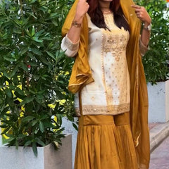 Mustard & Cream Embroidered Sharara Suit