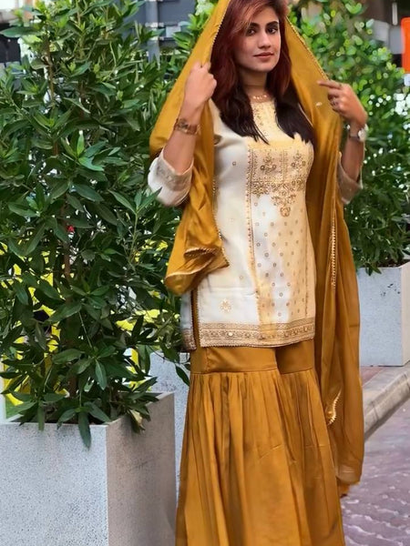 Mustard & Cream Embroidered Sharara Suit