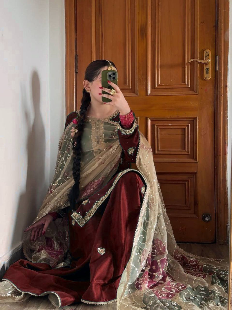 Maroon Embroidered Sharara Suit with Net Dupatta