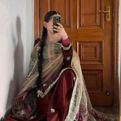 Maroon Embroidered Sharara Suit with Net Dupatta