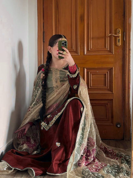 Maroon Embroidered Sharara Suit with Net Dupatta