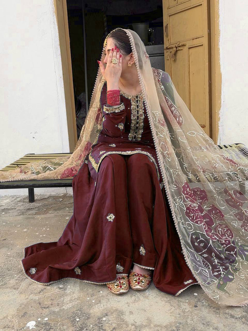 Maroon Embroidered Sharara Suit with Net Dupatta