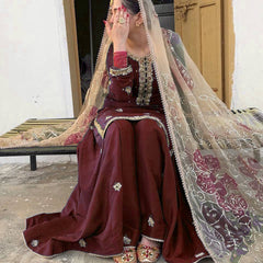 Maroon Embroidered Sharara Suit with Net Dupatta