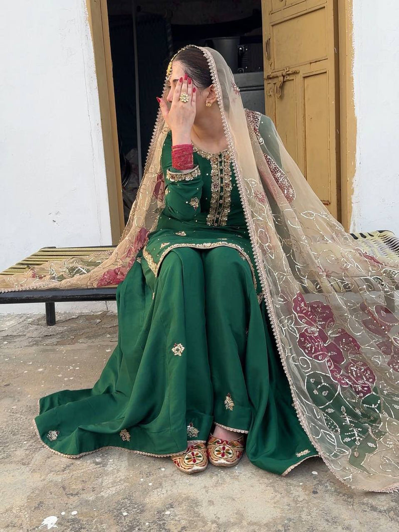 green  Embroidered Sharara Suit with Net Dupatta