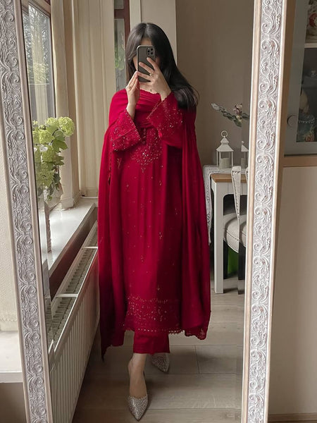 Maroon Floral Embroidered Straight Kurta Suit