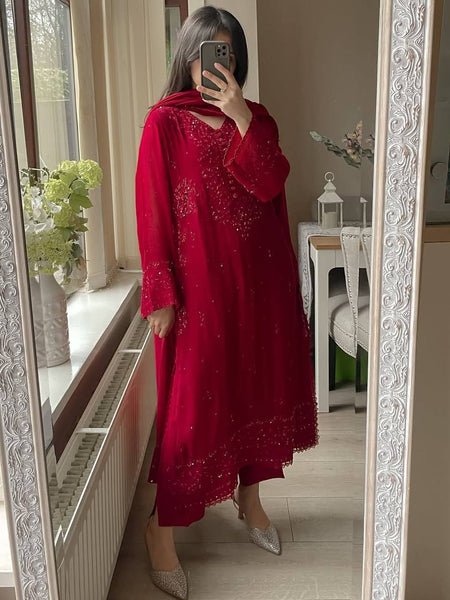 Maroon Floral Embroidered Straight Kurta Suit