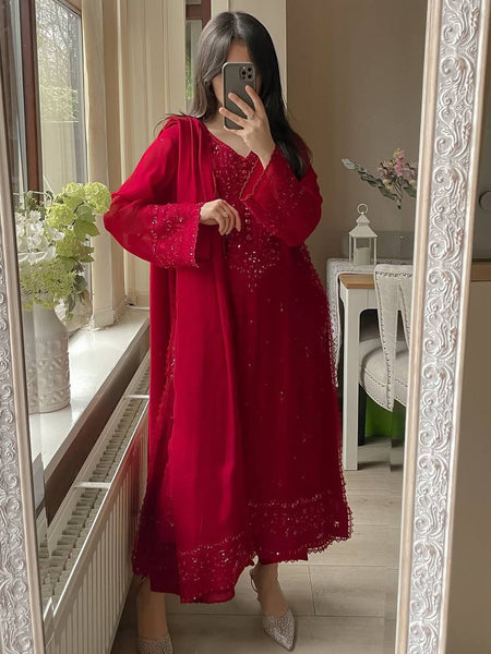 Maroon Floral Embroidered Straight Kurta Suit