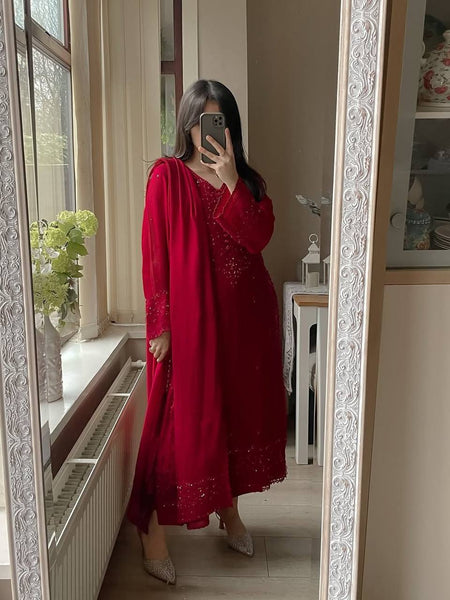 Maroon Floral Embroidered Straight Kurta Suit