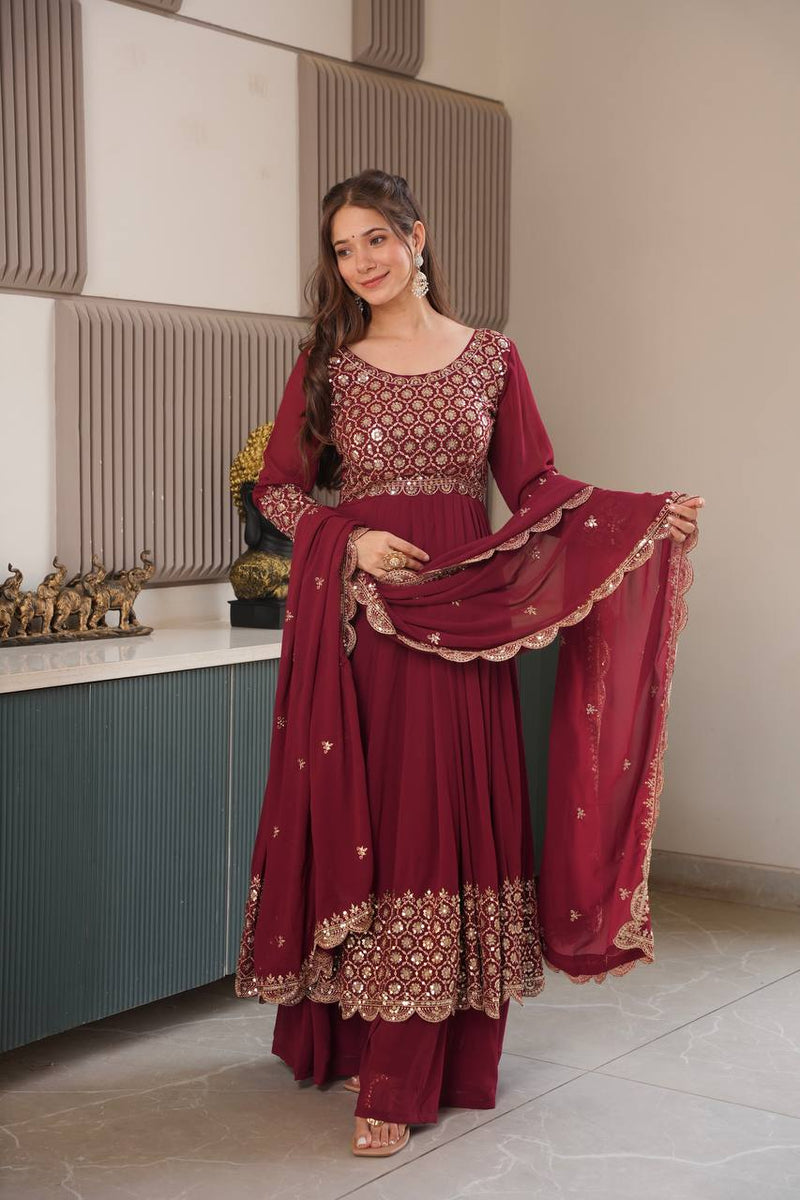 red embroidered Anarkali suit set
