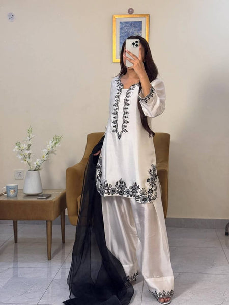 Cream & Black Embroidered 3-Piece Suit