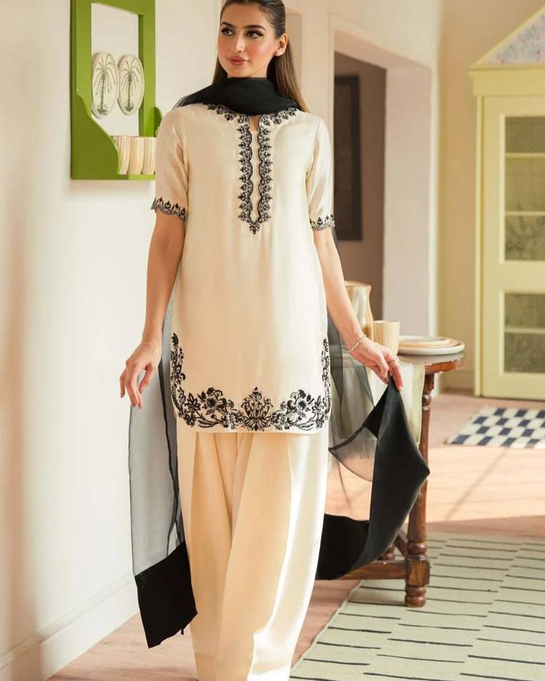 Cream & Black Embroidered 3-Piece Suit