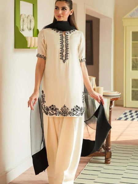 Cream & Black Embroidered 3-Piece Suit